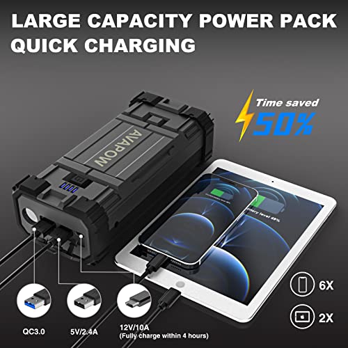 AVAPOW - Arrancador de batería de coche (para todo gas o diésel de hasta 12 l), potente arranque de batería de coche con doble carga rápida USB y salida CC, paquete de salto de 12 V con luz LED brillante integrada