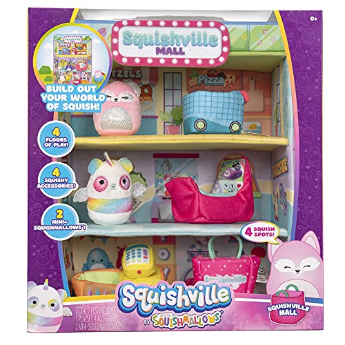 Squishville Squishmallows Mall-Dos Mini Personajes de Peluche de 2 Pulgadas, Escena de Juego temática, 4 Accesorios (Bolsa de la Compra/Carrito, Caja registradora, máquina Arcade)