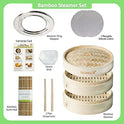 Cleanclue Cesta de vapor de bambú premium de 10 pulgadas y alfombrilla de sushi para cocinar, comida asiática (coreano, japonés, chino y tailandés) con adaptador de anillo, 20 papeles de pergamino, 2 pares de palillos, plato de salsa