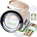 Cleanclue Cesta de vapor de bambú premium de 10 pulgadas y alfombrilla de sushi para cocinar, comida asiática (coreano, japonés, chino y tailandés) con adaptador de anillo, 20 papeles de pergamino, 2 pares de palillos, plato de salsa