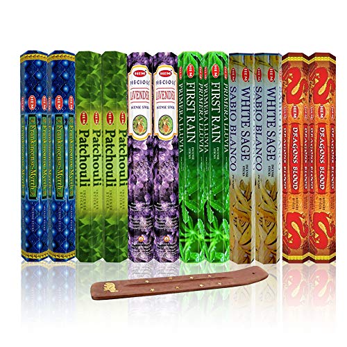 Seis aromas de incienso con quemador última intervensión, cada uno de sangre de dragón, incienso y mirra, pachulí, lavanda preciosa, primera lluvia y salvia blanca