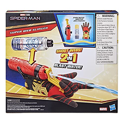 Marvel Spider-Man Super Web Slinger, Redes de Disparos 2 en 1 o Agua, Juguete de Disparo de Red Spider-Man, Juguetes de Juego de rol, Juguetes de Spider-Man para niños y niñas de 5 años