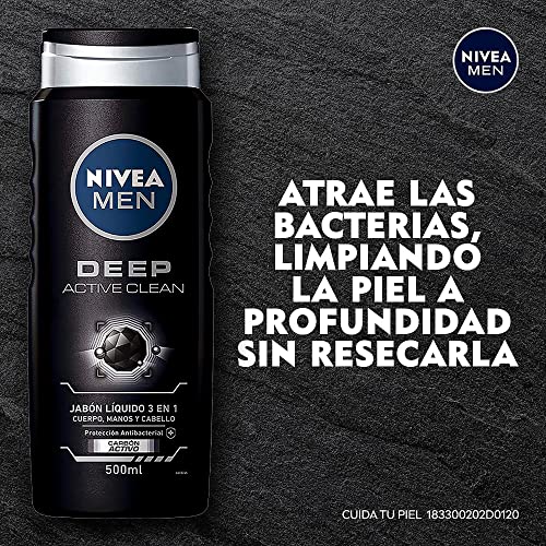 NIVEA MEN Jabón Líquido Corporal 3 en 1 para Cuerpo, Rostro y Cabello, Active Clean Body Wash Antibacterial, 500 ml