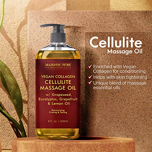 Majestic Pure Natural Cellulite Massage Oil, Unique Blend of Massage Essential Oils - Improves Skin Firmness, More Effective Than Cellulite Cream, 8 fl oz